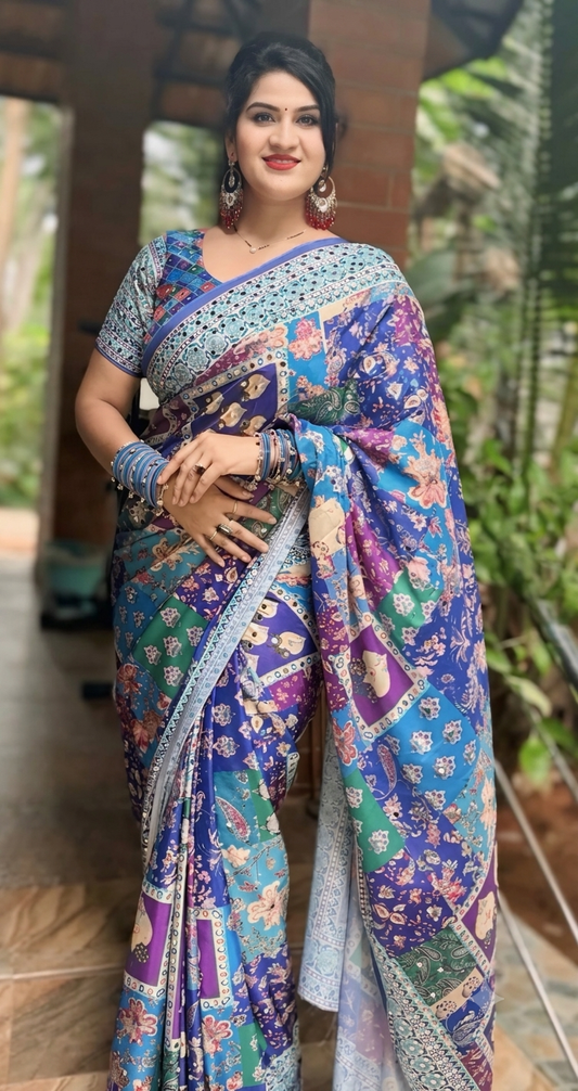 BLUE SOFT CHINNON SAREE WITH GOLD ZARI & REAL MIRROR WORK