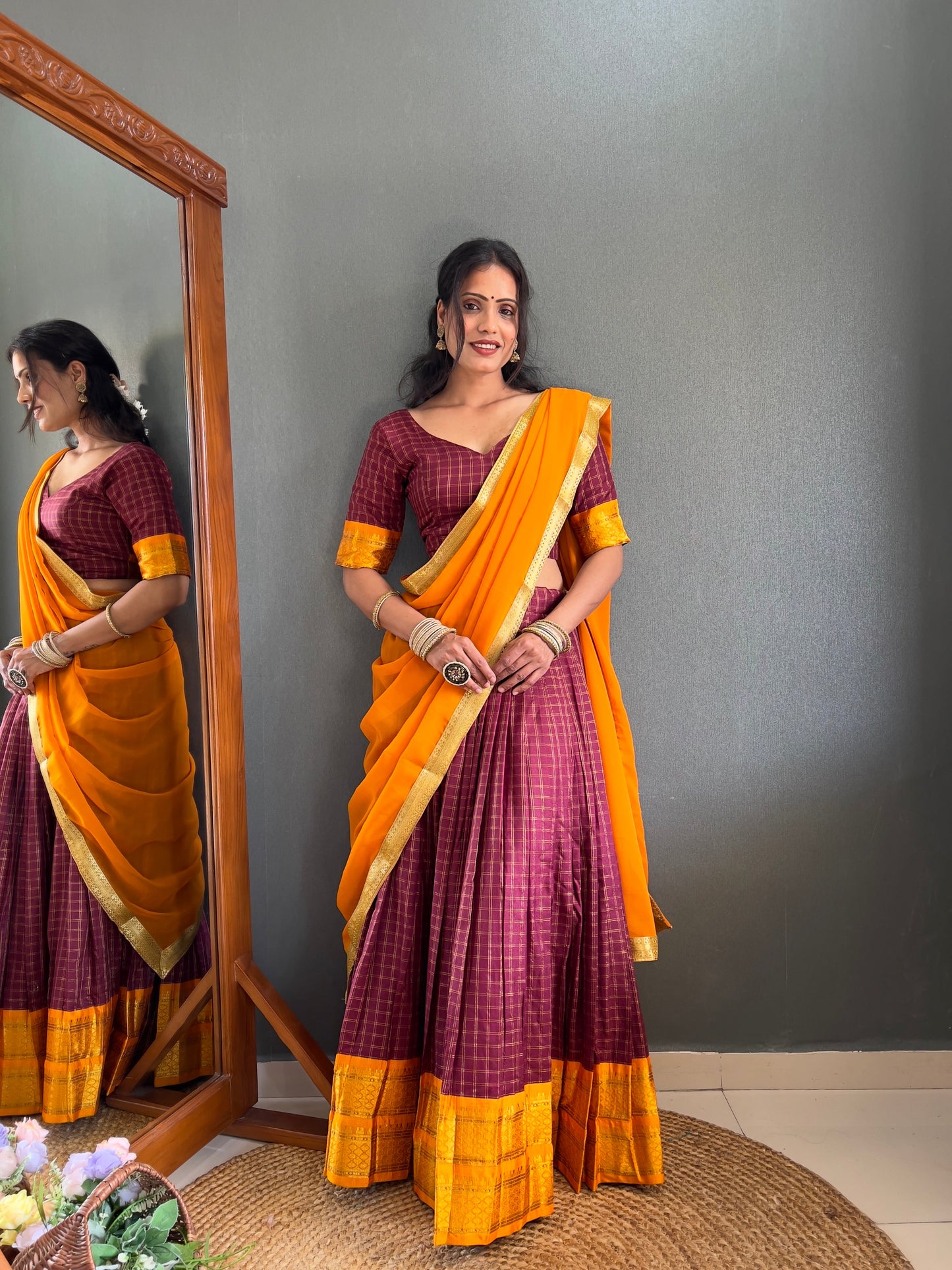 HALF SAREE -SOUTH INDIAN  KACHI STYLE  COTTON SILK