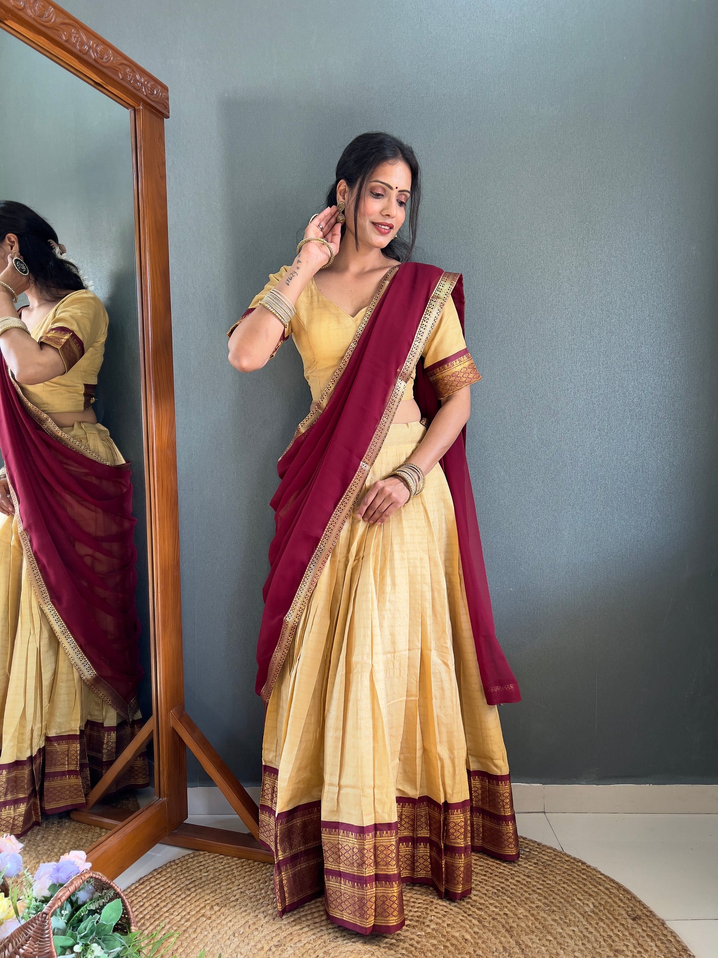 HALF SAREE -SOUTH INDIAN  KACHI STYLE  COTTON SILK