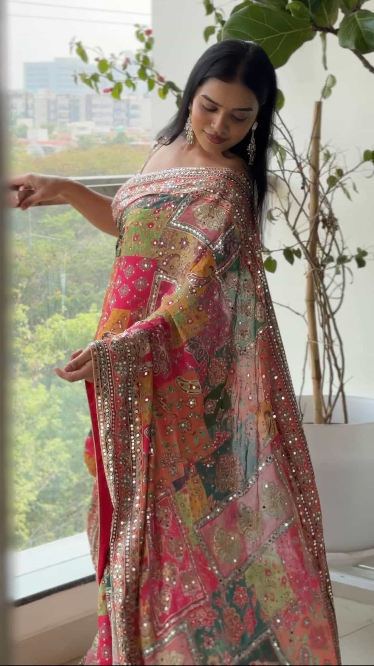 MULTICOLOR CHINON SILK PRINTED MIRROR WORK SAREE