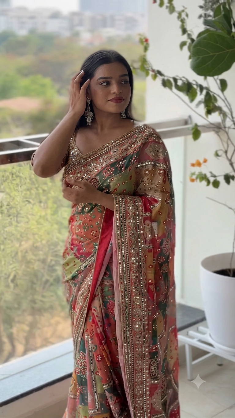 MULTICOLOR CHINON SILK PRINTED MIRROR WORK SAREE