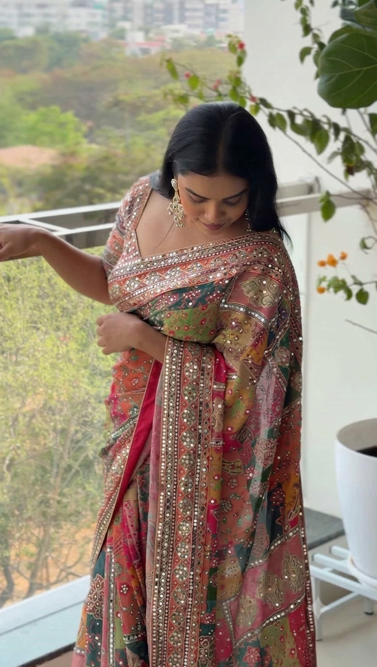 MULTICOLOR CHINON SILK PRINTED MIRROR WORK SAREE
