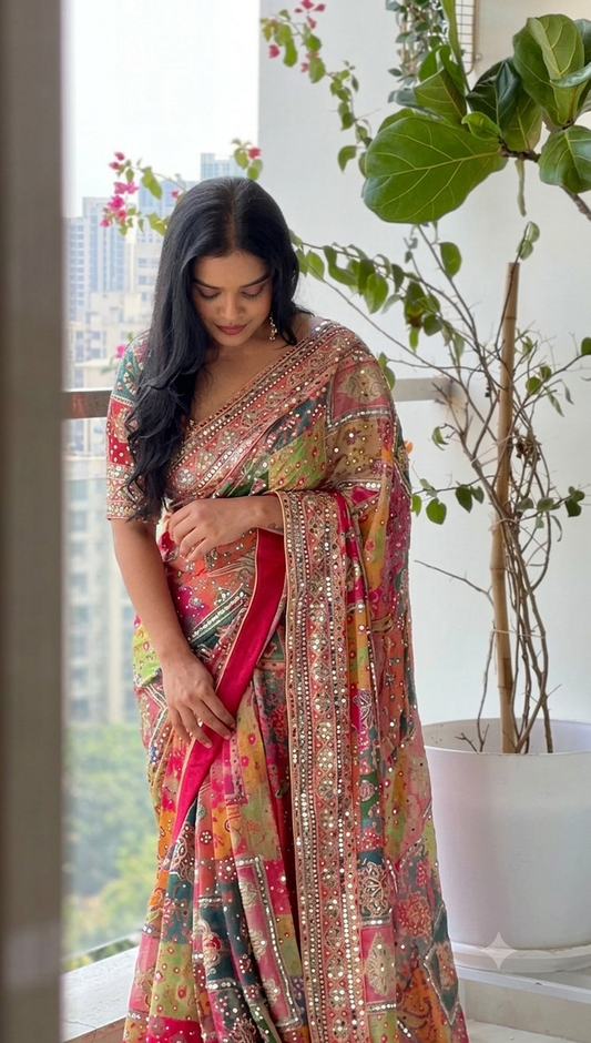 MULTICOLOR CHINON SILK PRINTED MIRROR WORK SAREE
