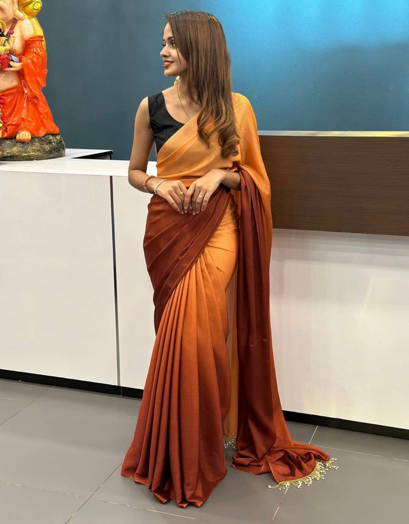 1-MIN READY TO WEAR  ORANGE GEORGETTE SILK SAREE WITH HANDMADE TASSELS ON PALLU