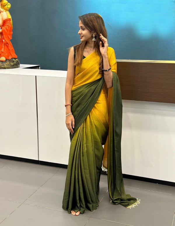 1-MIN READY TO WEAR  YELLOW GREEN GEORGETTE SILK SAREE WITH HANDMADE TASSELS ON PALLU