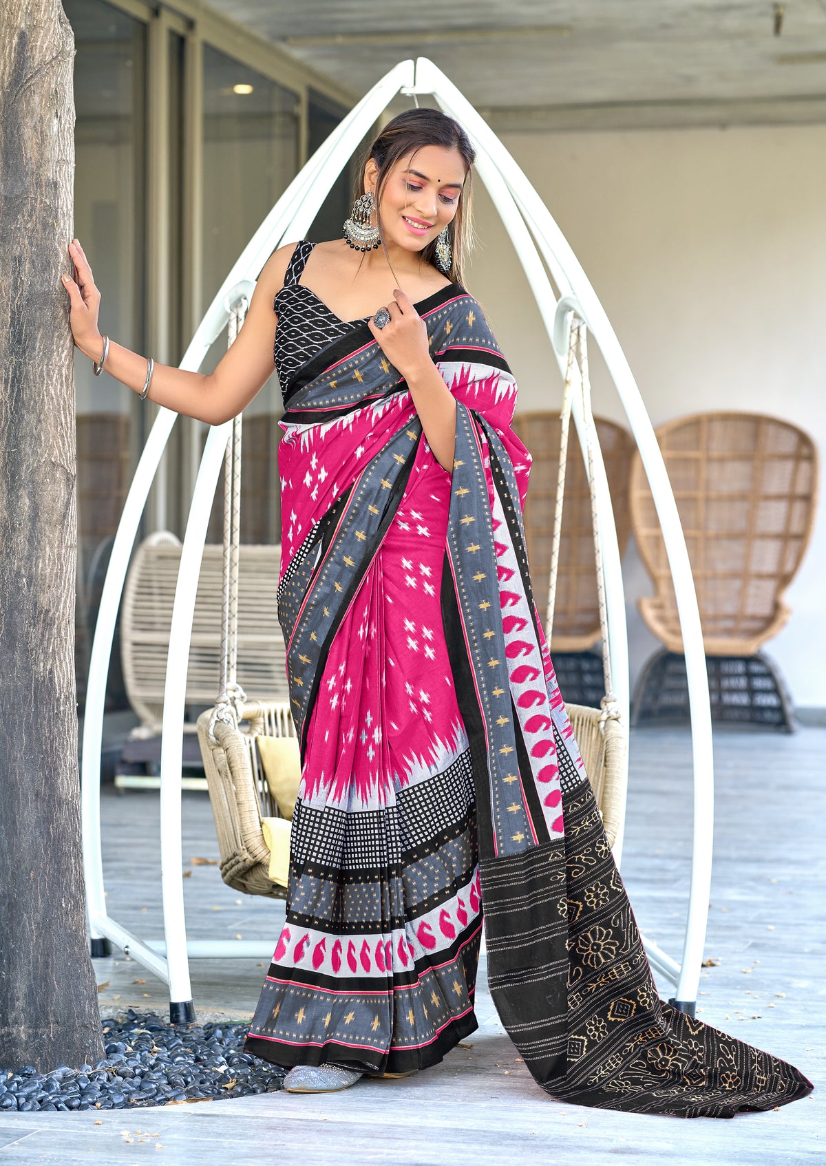 IKKAT PRINTED PURE COTTON FANCY SAREES WITH BLOUSE PICE