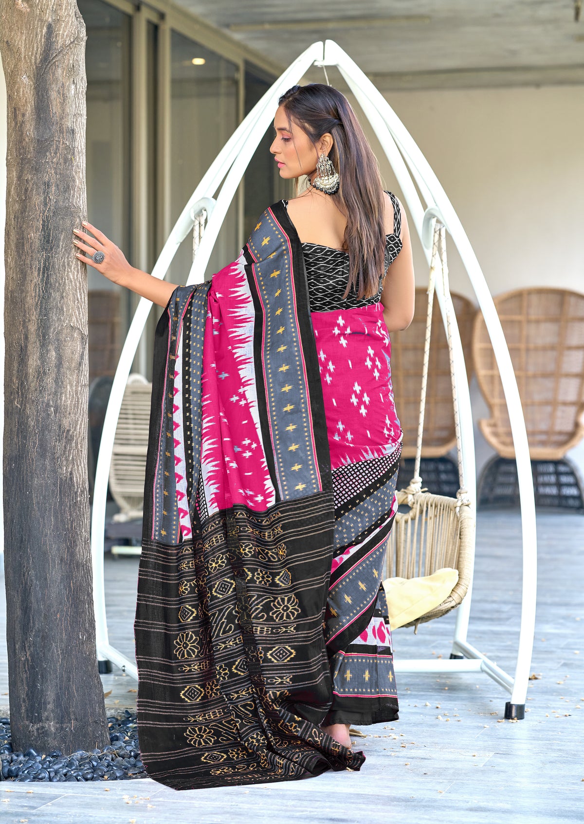 IKKAT PRINTED PURE COTTON FANCY SAREES WITH BLOUSE PICE
