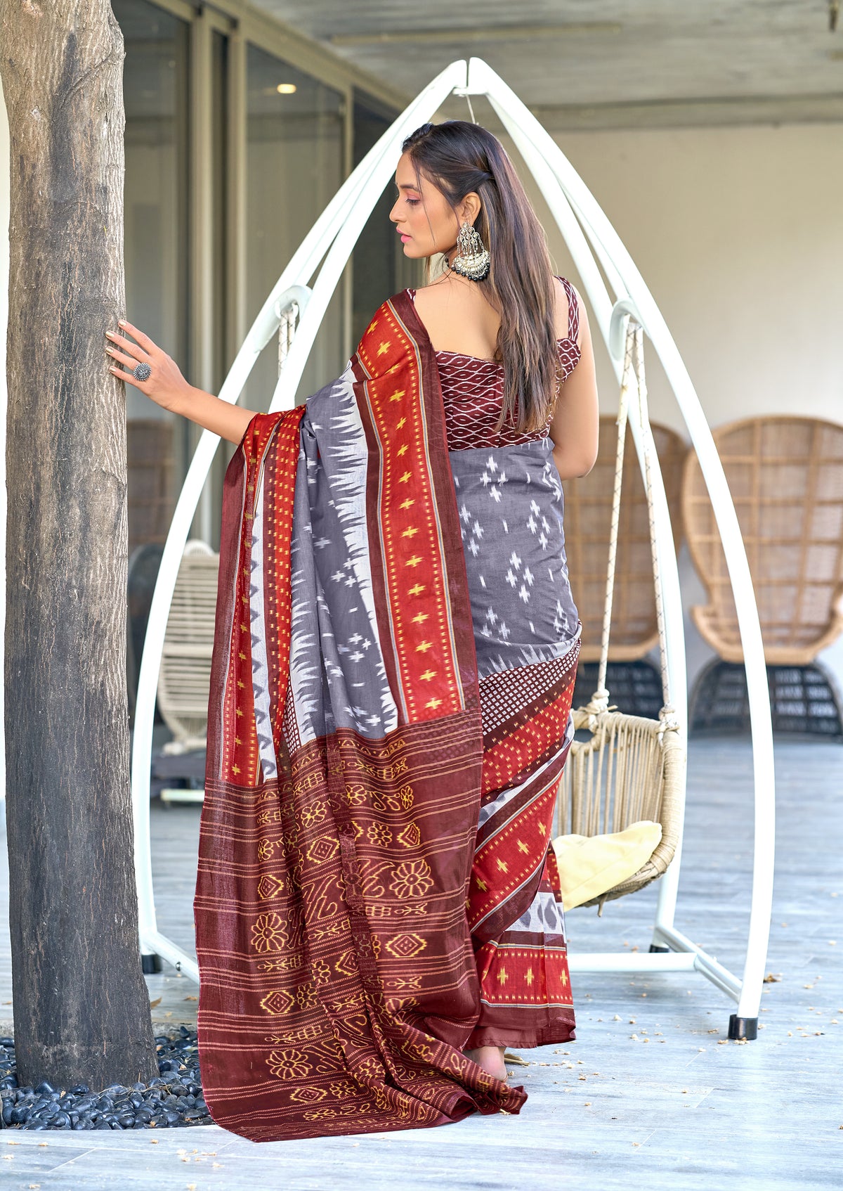 IKKAT PRINTED PURE COTTON FANCY SAREES WITH BLOUSE PICE
