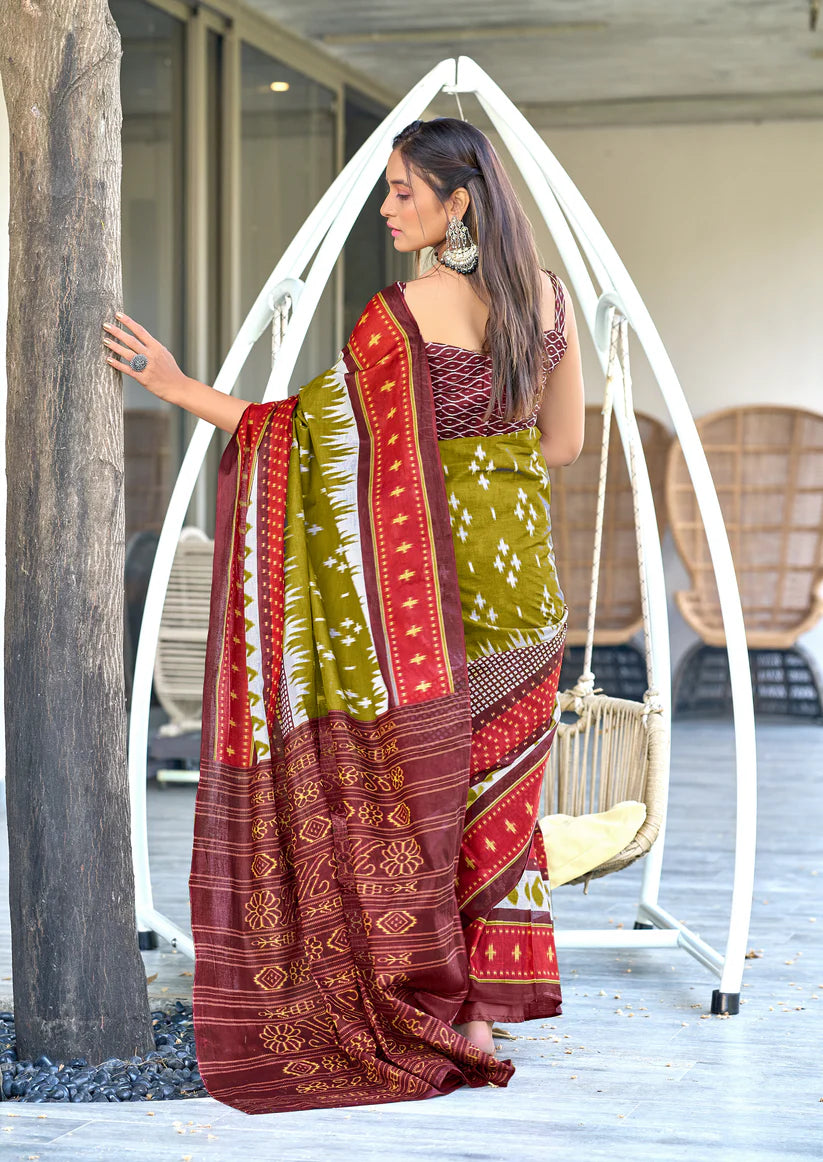 IKKAT PRINTED PURE COTTON FANCY SAREES WITH BLOUSE PICE