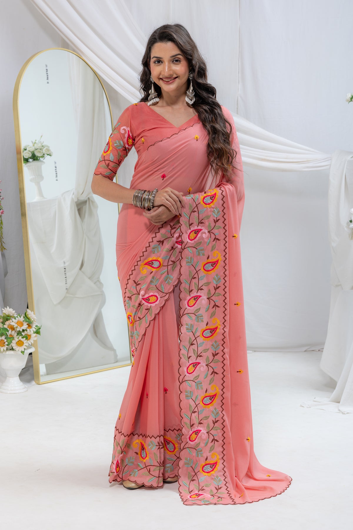 ELEGANT EMBROIDERED SAREE WITH FLORAL & PAISLEY WORK AND DESIGNER BORDER