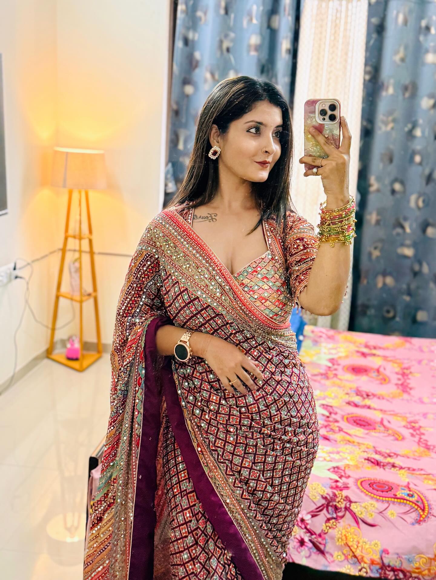 MULTICOLOR CHINON SILK PRINTED MIRROR WORK SAREE