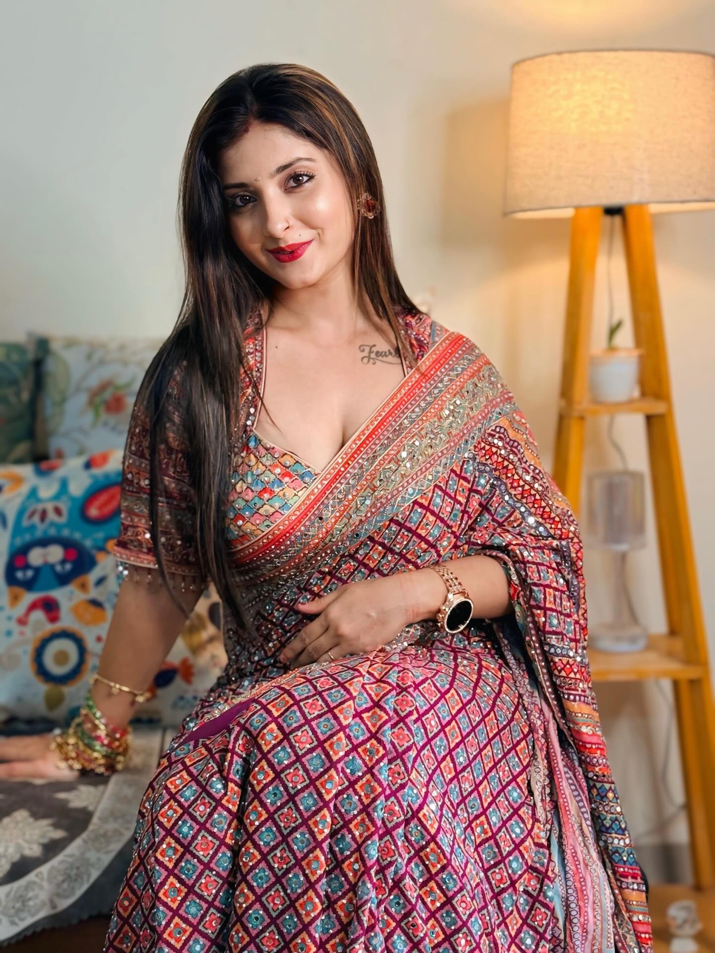 MULTICOLOR CHINON SILK PRINTED MIRROR WORK SAREE