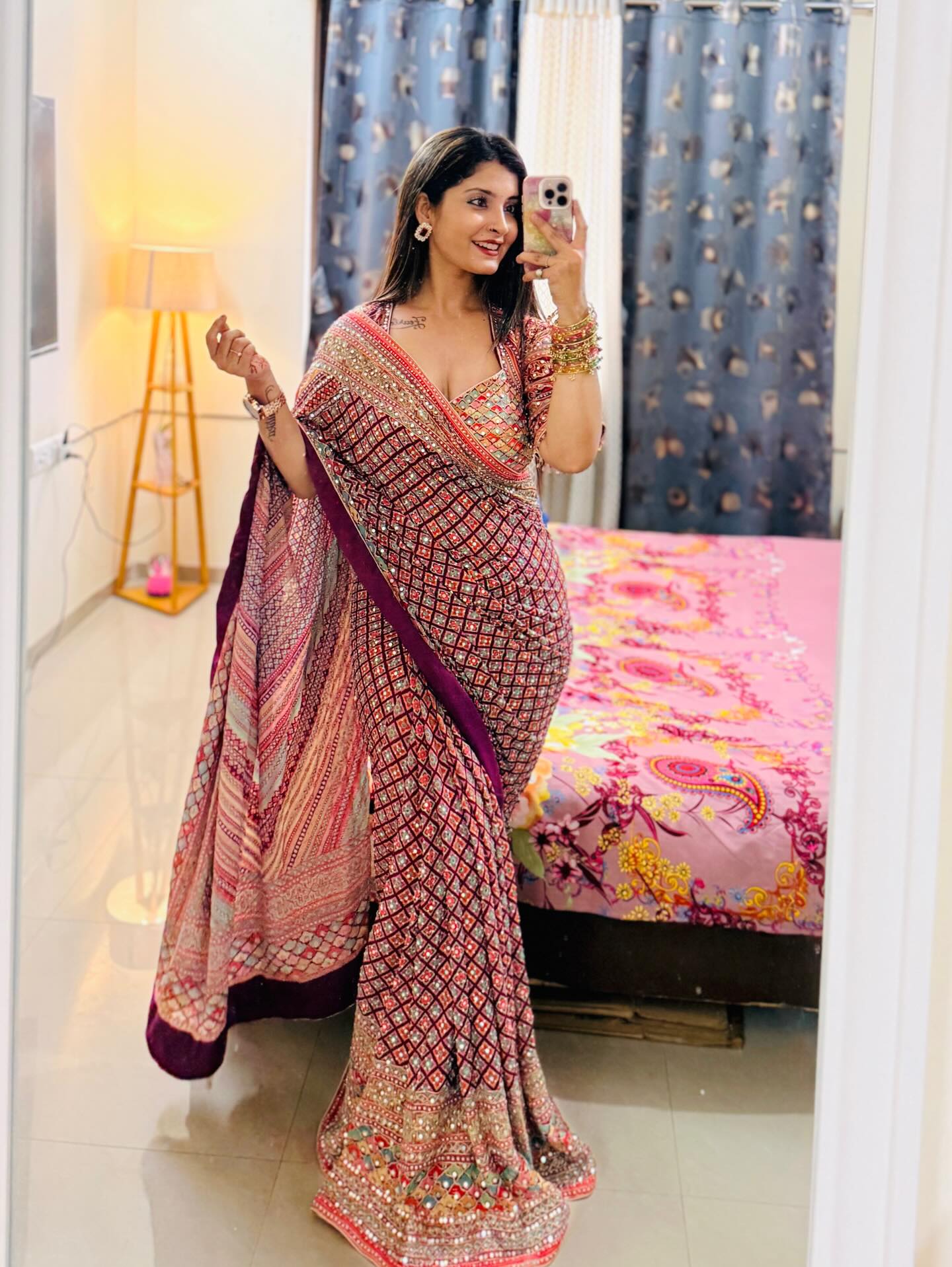 MULTICOLOR CHINON SILK PRINTED MIRROR WORK SAREE