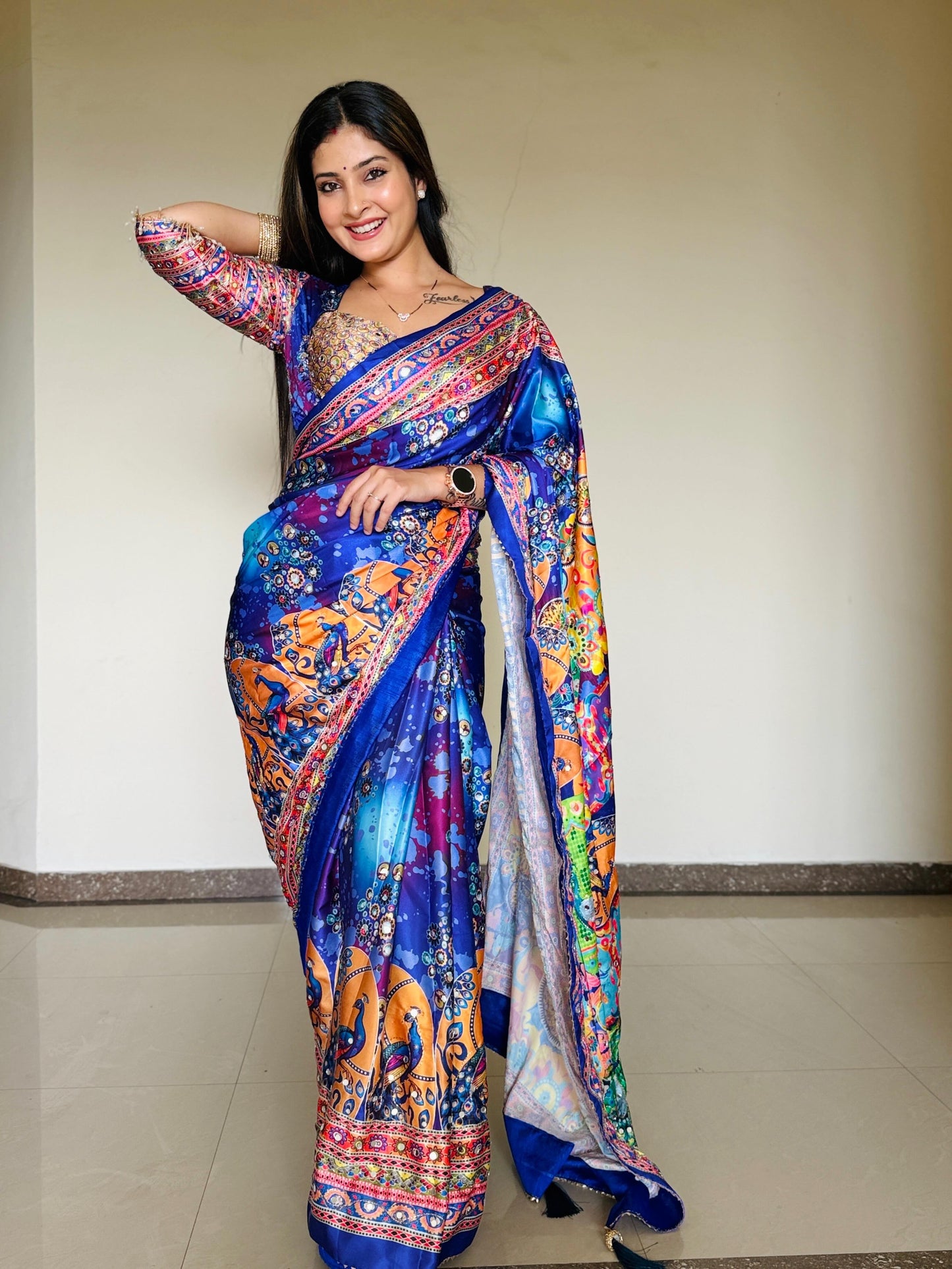 MULTICOLOR CHINON SILK PRINTED MIRROR WORK SAREE