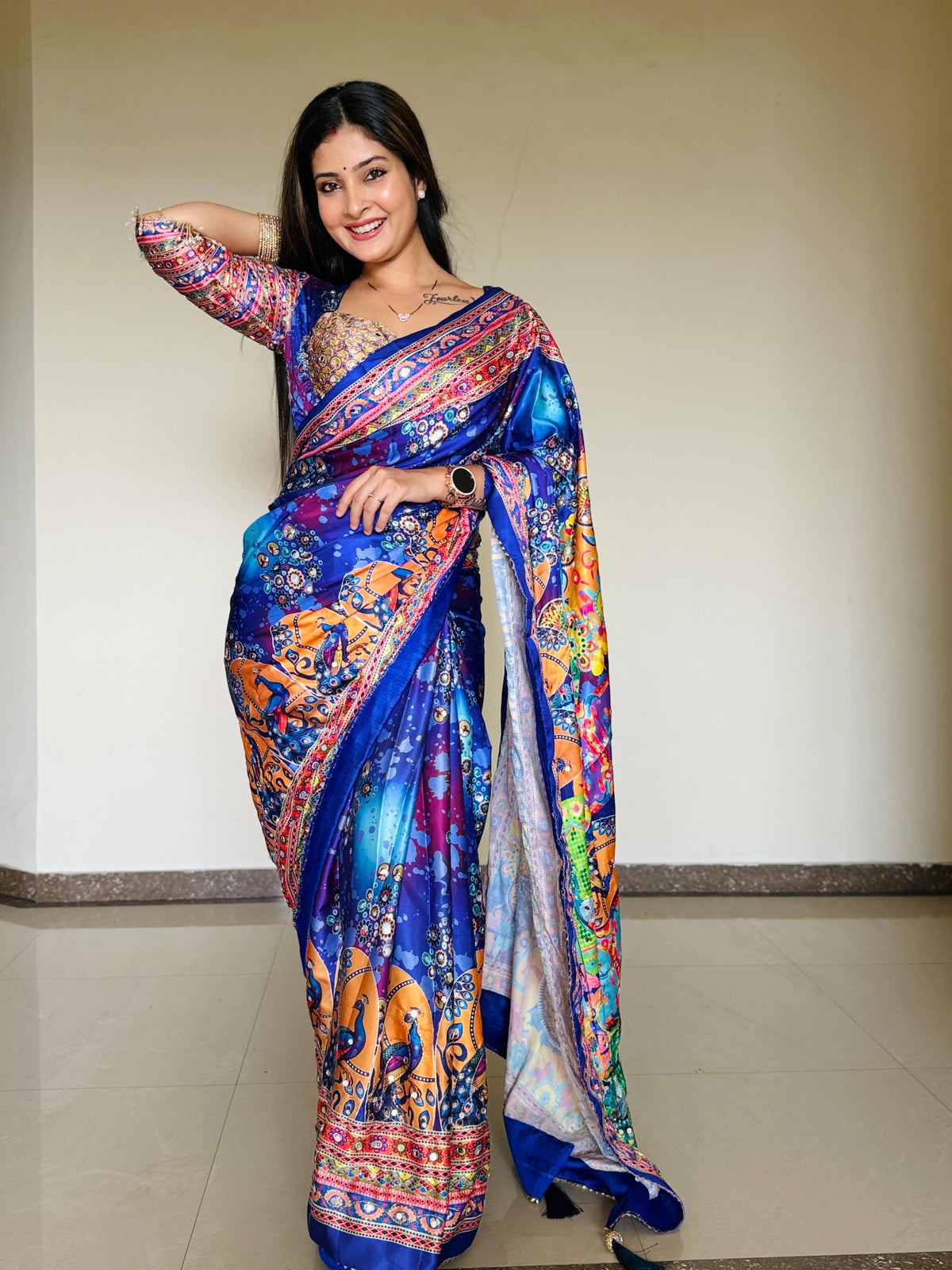 MULTICOLOR CHINON SILK PRINTED MIRROR WORK SAREE