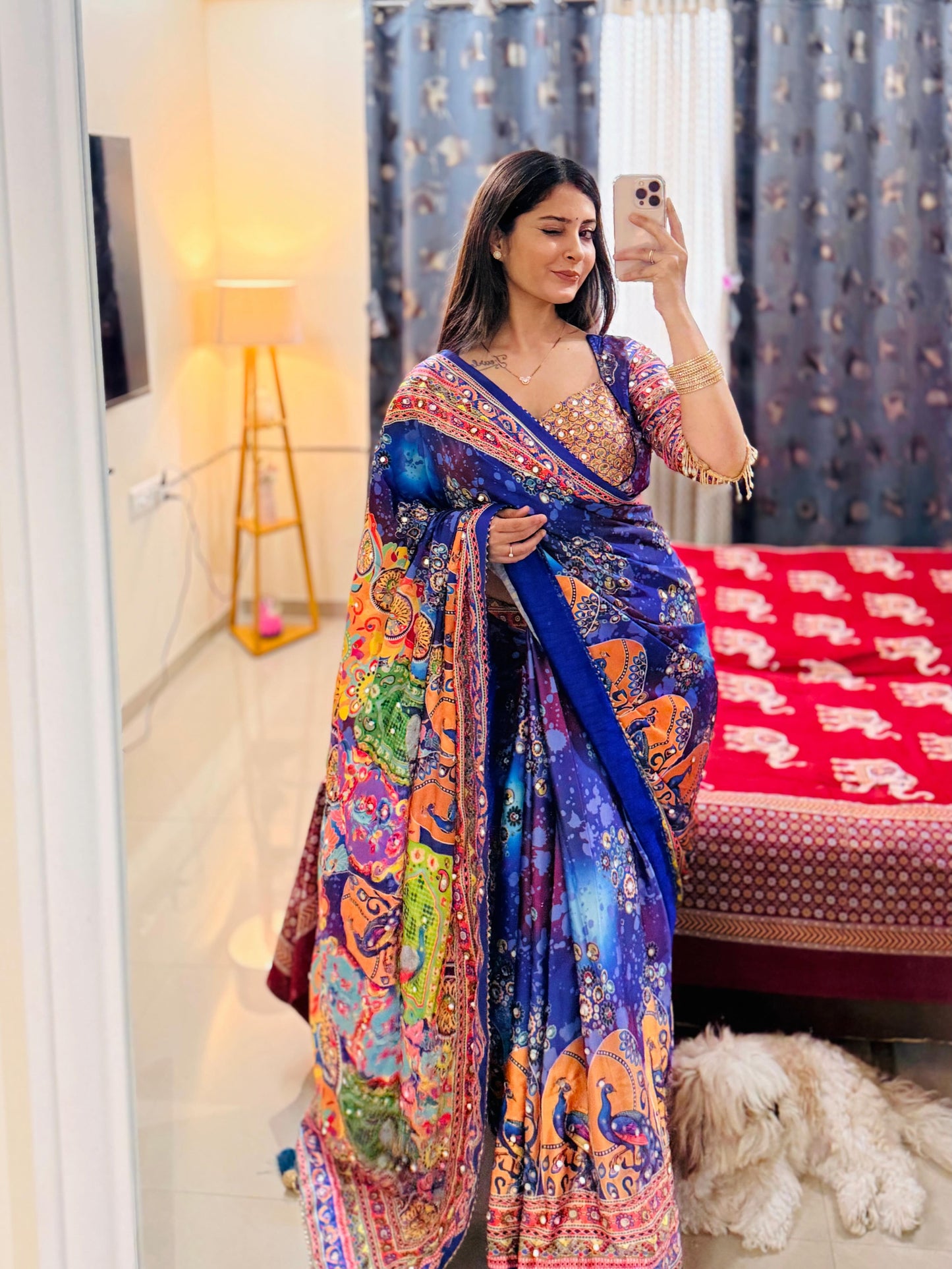 MULTICOLOR CHINON SILK PRINTED MIRROR WORK SAREE