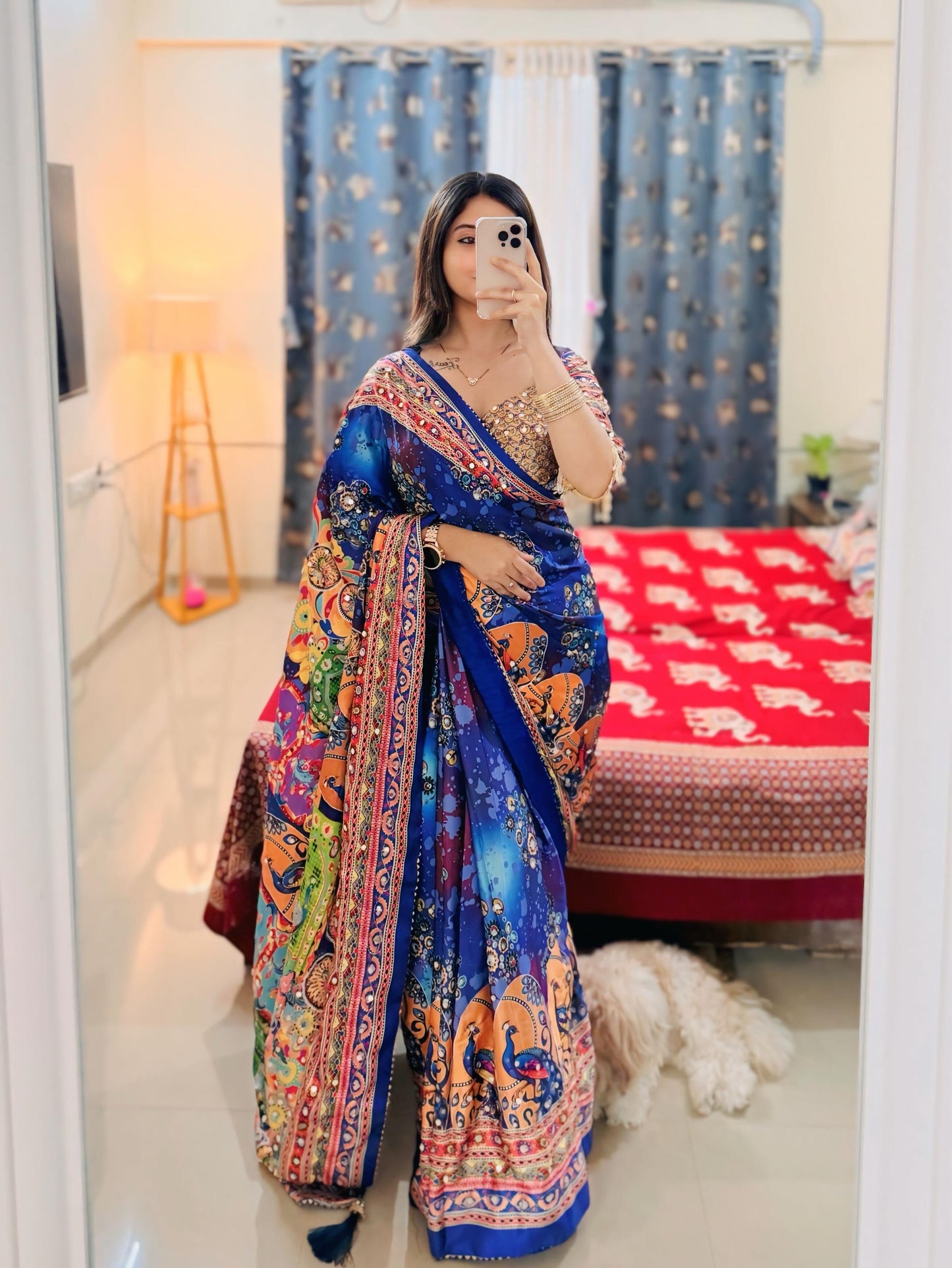 MULTICOLOR CHINON SILK PRINTED MIRROR WORK SAREE