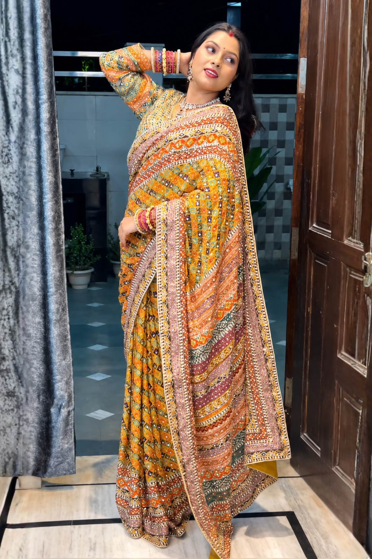 YELLOW CHINON SILK PRINTED MIRROR WORK SAREE