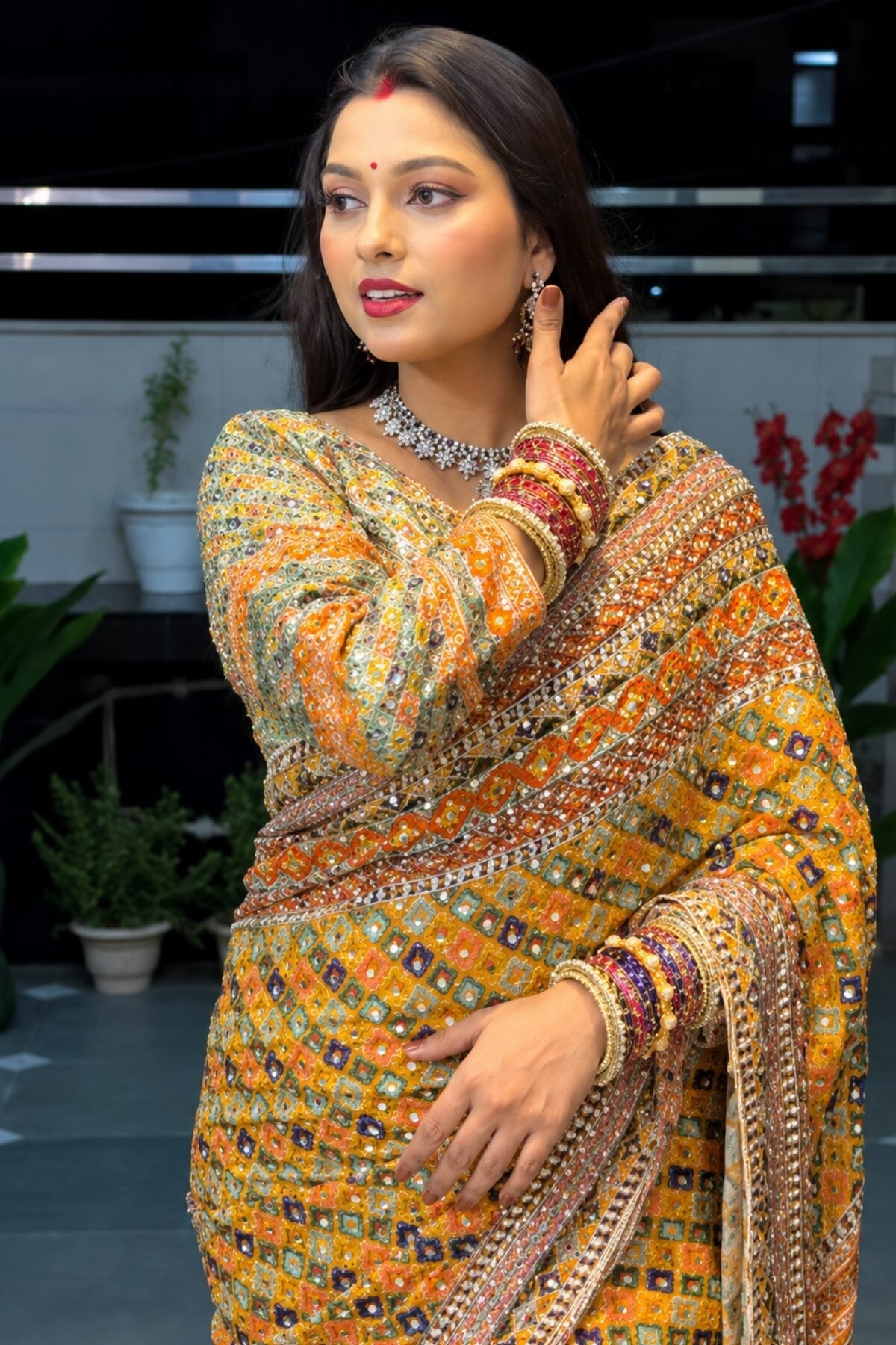 YELLOW CHINON SILK PRINTED MIRROR WORK SAREE