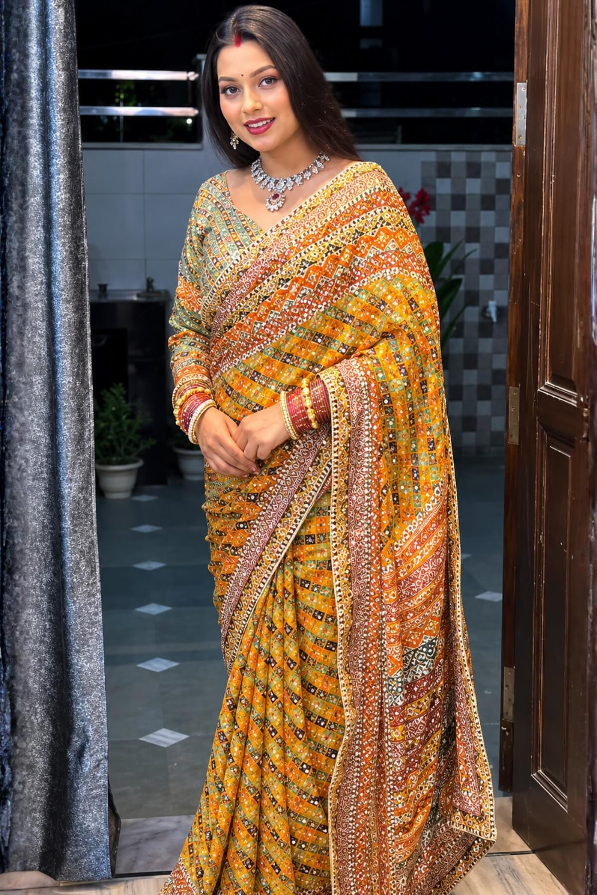 YELLOW CHINON SILK PRINTED MIRROR WORK SAREE
