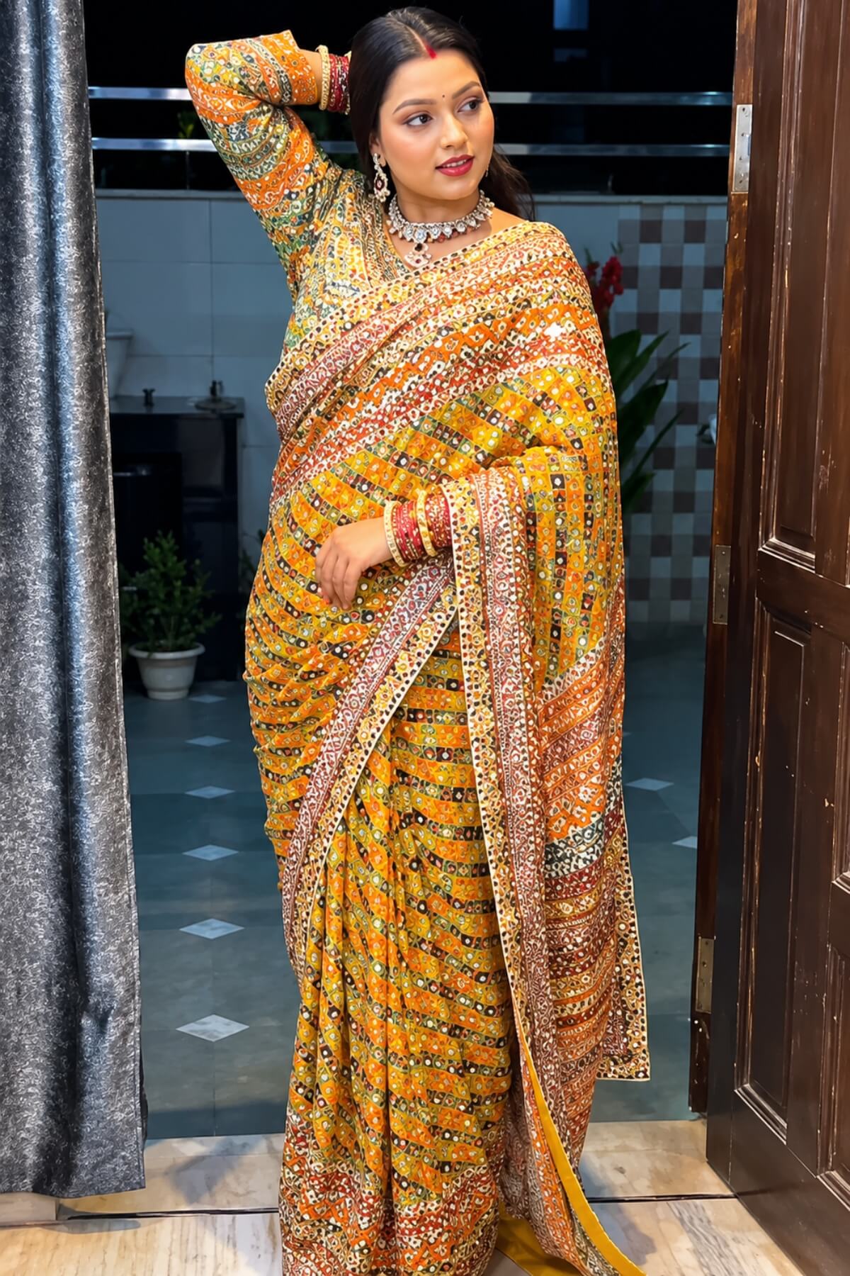 YELLOW CHINON SILK PRINTED MIRROR WORK SAREE