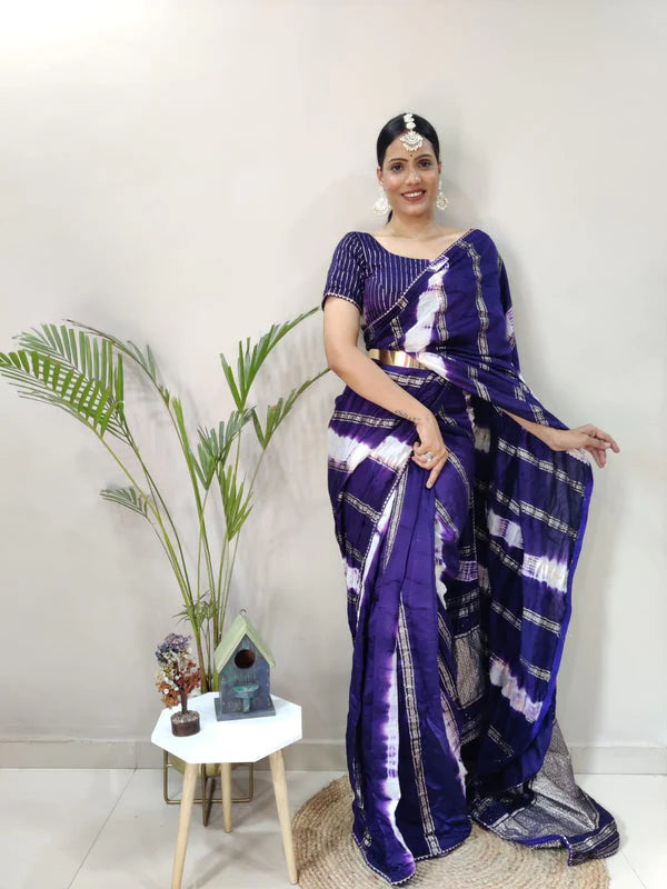 1-Min Ready To Wear Blue Chanderi Silk Saree With Heavy Blouse