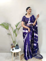 1-Min Ready To Wear Blue Chanderi Silk Saree With Heavy Blouse