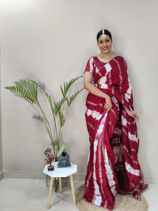 1-Min Ready To Wear Red Chanderi Silk Saree With Heavy Blouse