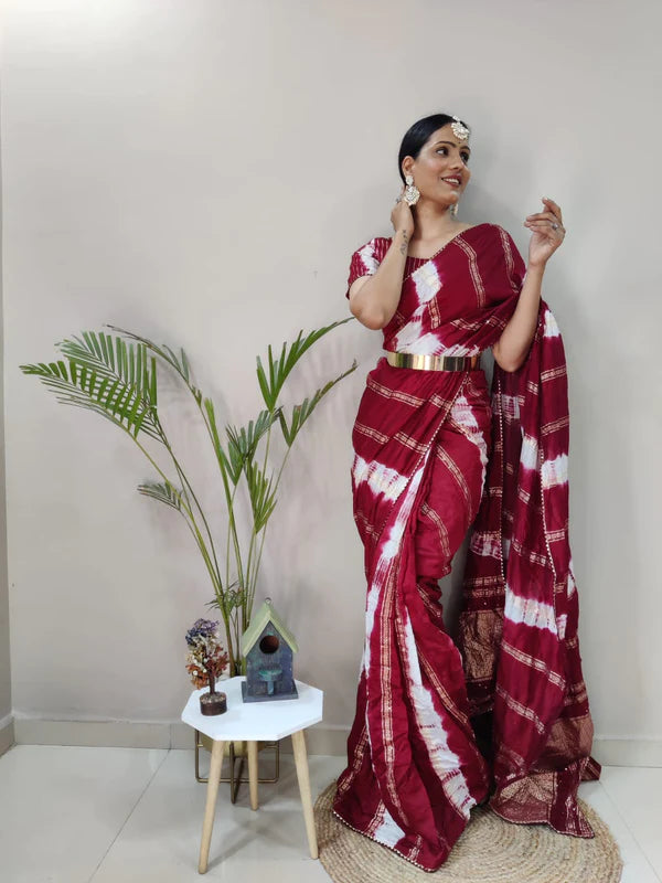 1-Min Ready To Wear Red Chanderi Silk Saree With Heavy Blouse