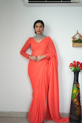 1 MIN READY TO WEAR ORANGE COLOUR  SAREE IN PURE SOFT GEORGETTE SILK WITH BLOUSE