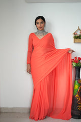 1 MIN READY TO WEAR ORANGE COLOUR  SAREE IN PURE SOFT GEORGETTE SILK WITH BLOUSE