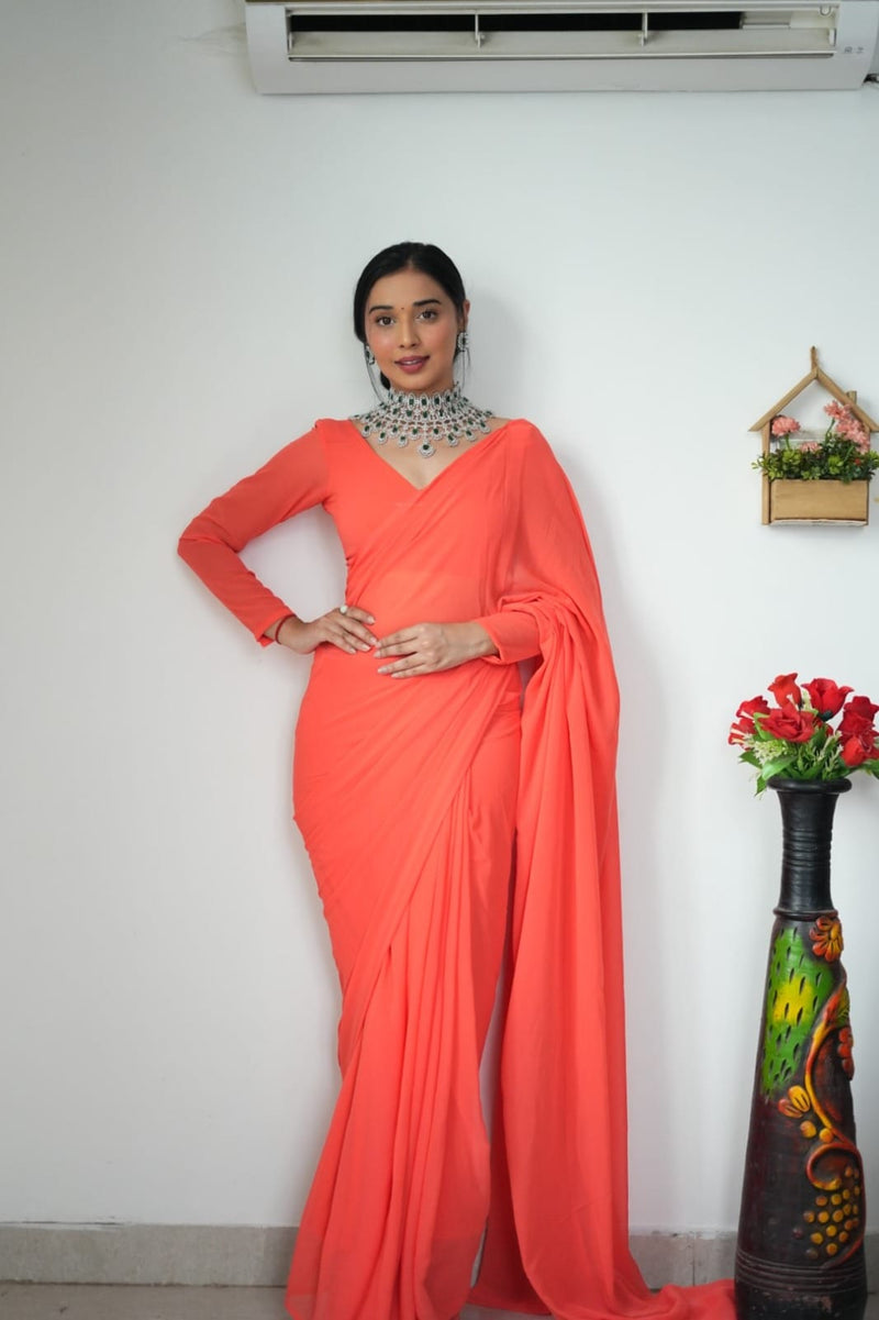 1 MIN READY TO WEAR ORANGE COLOUR  SAREE IN PURE SOFT GEORGETTE SILK WITH BLOUSE