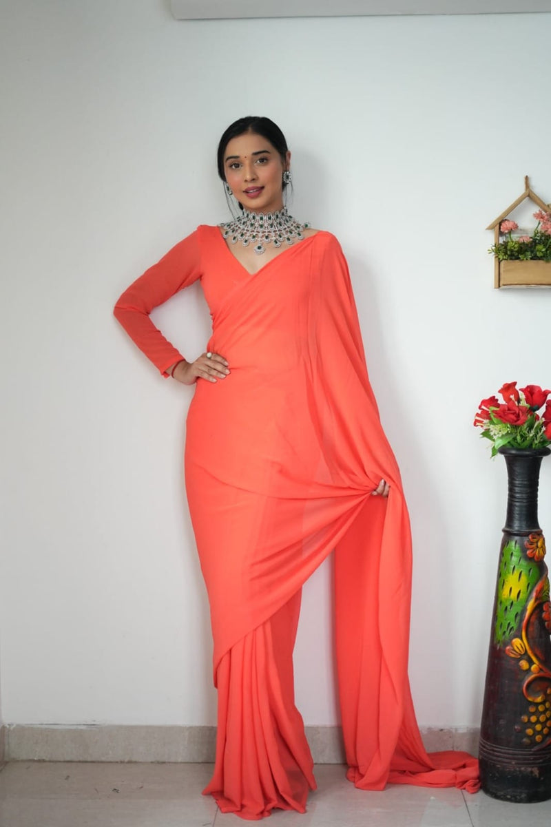 1 MIN READY TO WEAR ORANGE COLOUR  SAREE IN PURE SOFT GEORGETTE SILK WITH BLOUSE