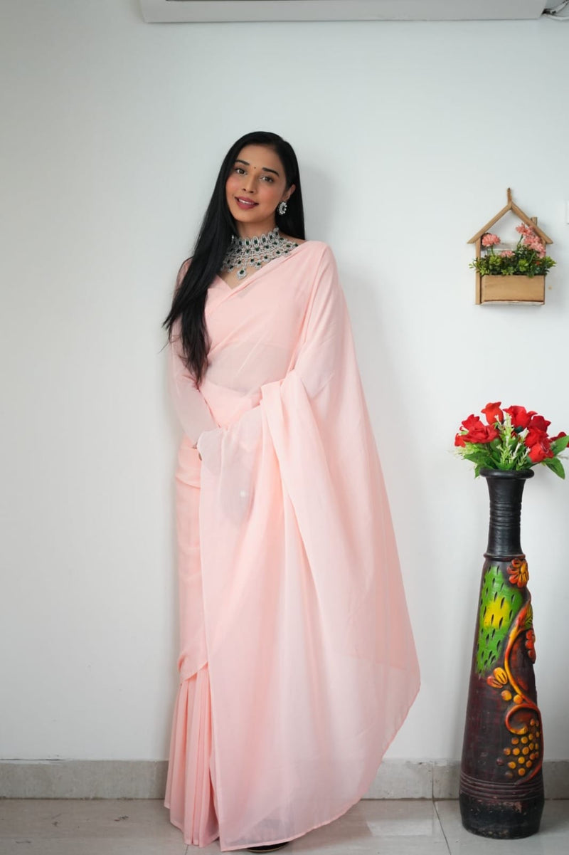 1 MIN READY TO WEAR LIGHT PINK COLOUR  SAREE IN PURE SOFT GEORGETTE SILK WITH BLOUSE