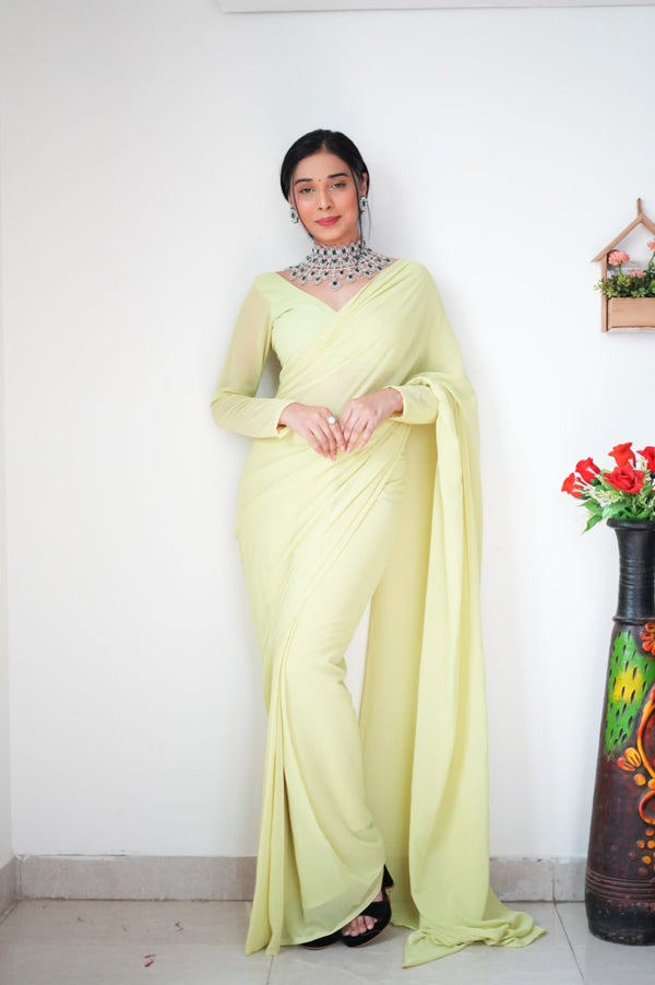 1 MIN READY TO WEAR LEMON COLOUR  SAREE IN PURE SOFT GEORGETTE SILK WITH BLOUSE