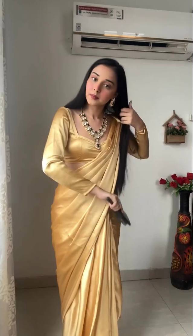 1 MIN READY TO WEAR  SAREE IN PURE SOFT SATIN SILK  SAREE WITH BLOUSE