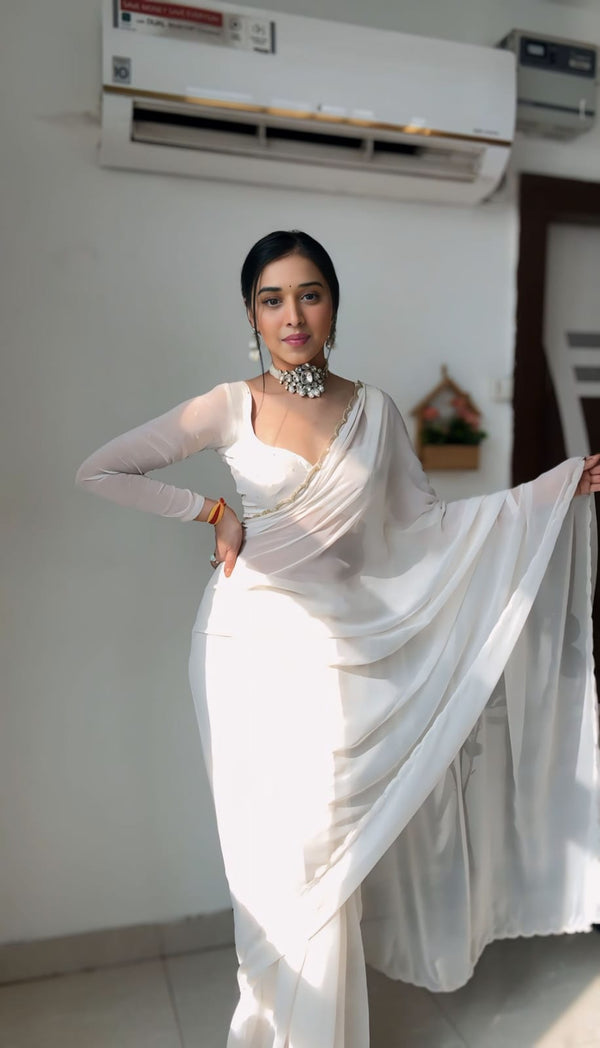 1 MIN READY TO WEAR WHITE GEORGETTE WITH STITCHED BLOUSE