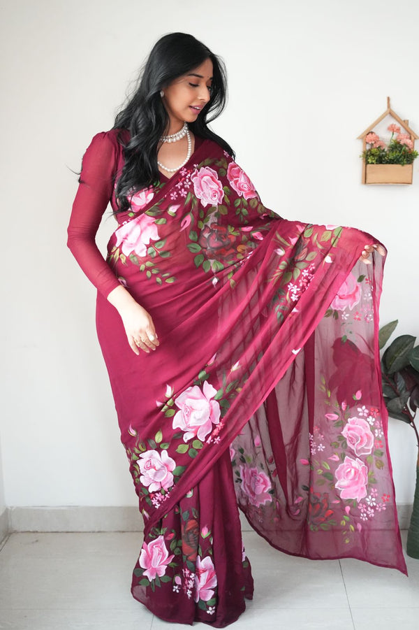 1 MIN READY TO WEAR  SAREE IN PURE SOFT GEORGETTE WITH  BLOUSE