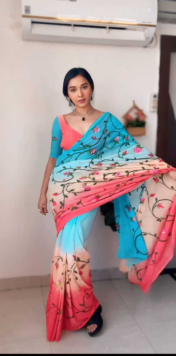 1 MIN READY TO WEAR  SAREE IN PURE SOFT GEORGETTE WITH  BLOUSE