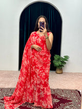 1-MIN READY TO WEAR RUFFLE  GEORGETTE GOWN SAREE RED COLOR