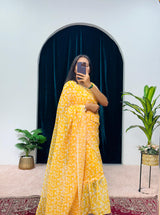 1-MIN READY TO WEAR RUFFLE  GEORGETTE GOWN SAREE YELLOW FLOWER