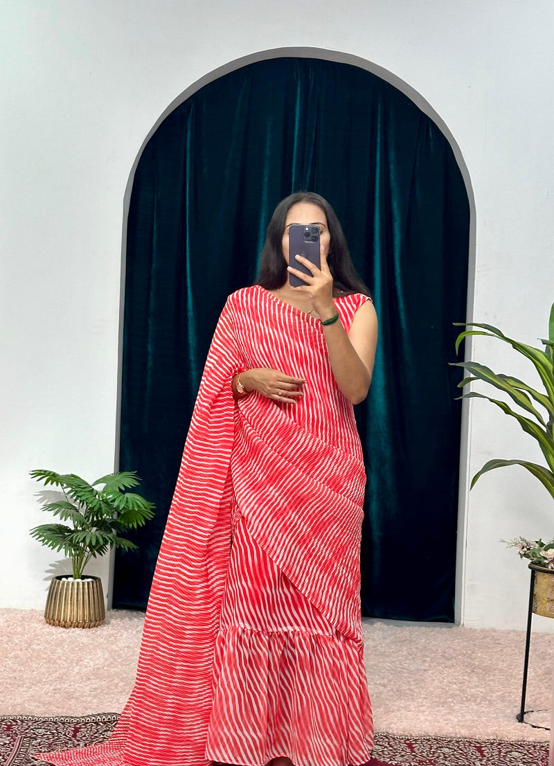 1-MIN READY TO WEAR RUFFLE  GEORGETTE GOWN SAREE RED LINE