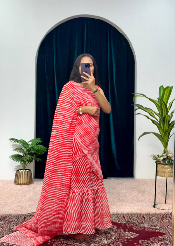 1-MIN READY TO WEAR RUFFLE  GEORGETTE GOWN SAREE RED LINE