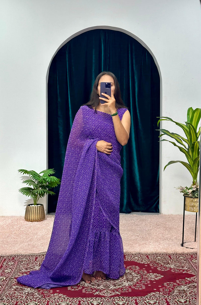 1-MIN READY TO WEAR RUFFLE  GEORGETTE GOWN SAREE PURPLE  FLOWER