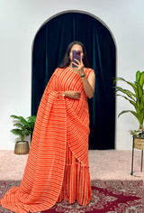 1-MIN READY TO WEAR RUFFLE  GEORGETTE GOWN SAREE ORANGE LINE