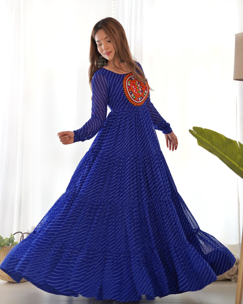 BLUE COLOR GEORGETTE LAHERIYA PRINT NAVRATRI GOWN