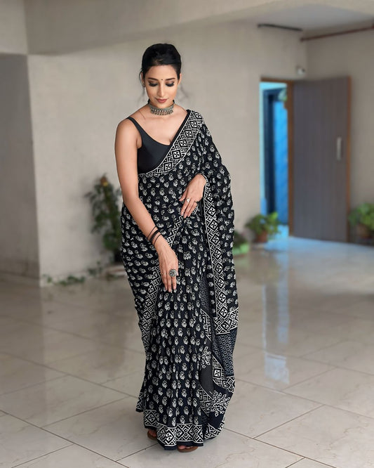 1 MINUTE READY TO WEAR BLACK PURE SOFT LINEN SILK SAREE