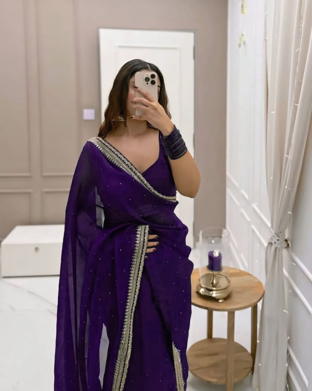 1 MIN READY TO WEAR PURE SOFT ORGANZA  SILK WITH BEAUTIFUL DIAMOND WORK