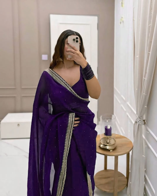 1 MIN READY TO WEAR PURE SOFT ORGANZA  SILK WITH BEAUTIFUL DIAMOND WORK