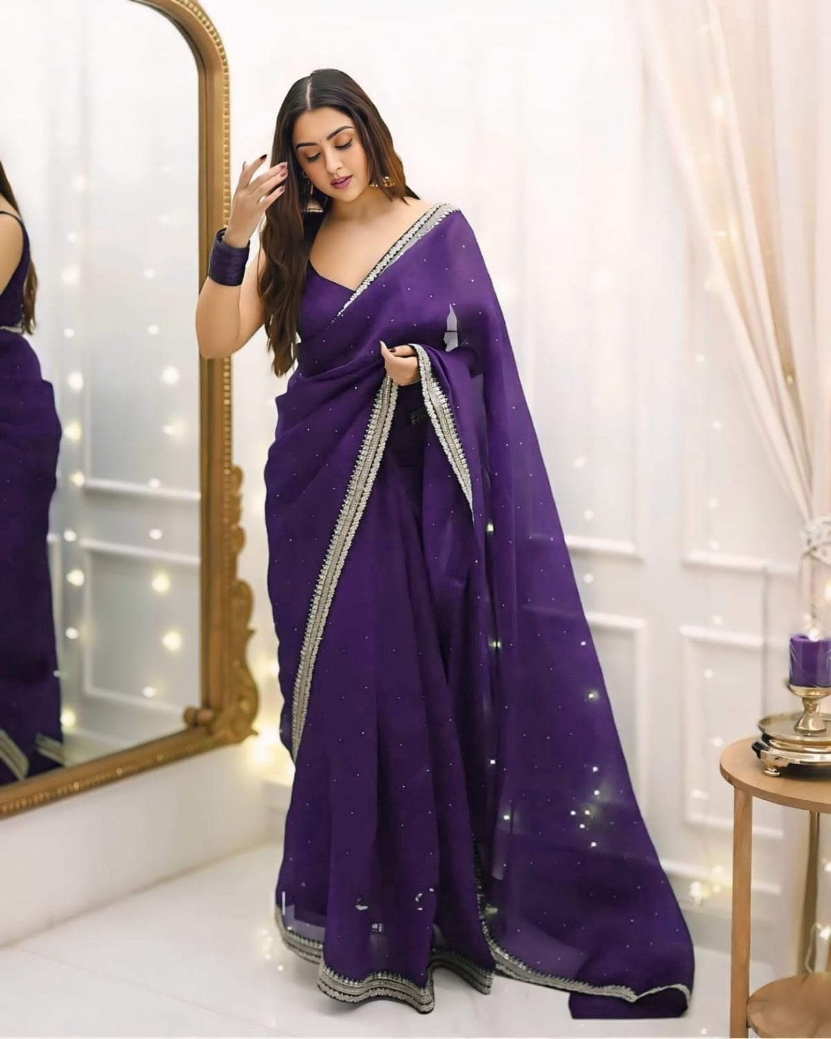 1 MIN READY TO WEAR PURE SOFT ORGANZA  SILK WITH BEAUTIFUL DIAMOND WORK
